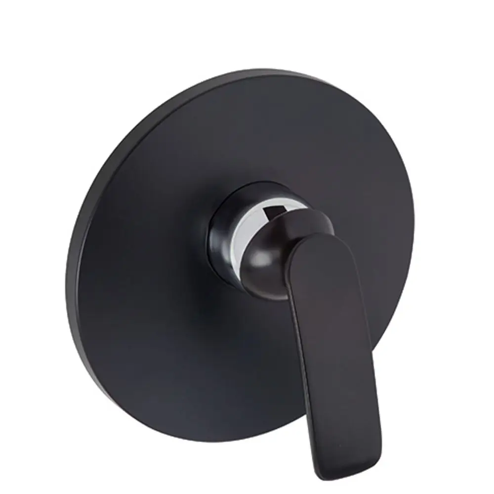 Schwarze runde Wandplatte mit einem mittig montierten Hebel aus mattschwarzem Material und einem Chromring, gestaltet für Kludi-Produkte.